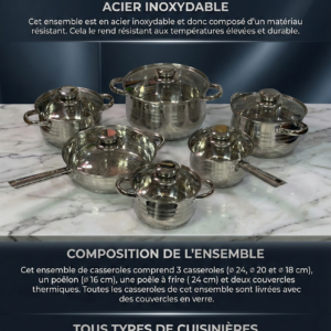 Batterie de Cuisine 12 pièces – Acier Inoxydable Haute Qualité